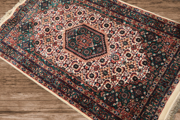 3x5 Ivory, Turquoise, Red Color Hand Knotted Indo Bidjar Wool Traditional Oriental Rug