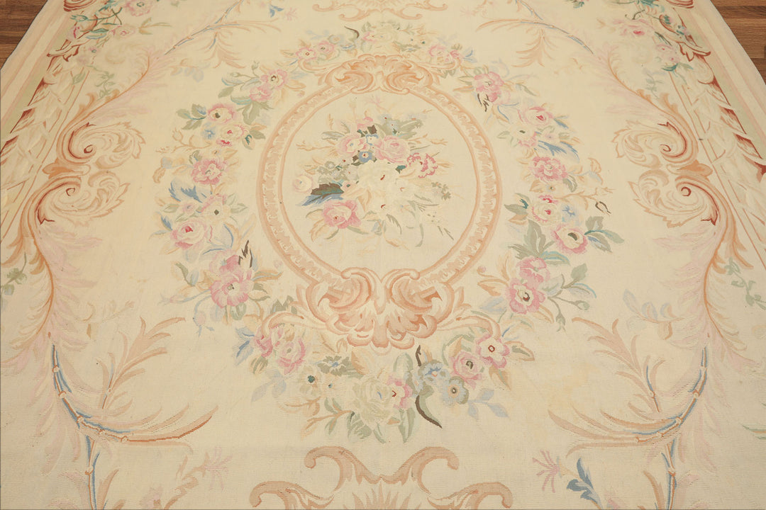 8x10 Ivory, Tan, Rose Color Hand Woven French Aubusson Wool Traditional Oriental Rug