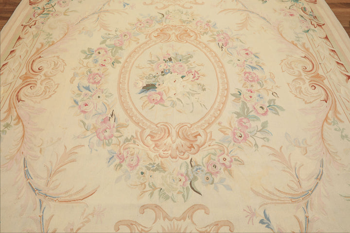 8x10 Ivory, Tan, Rose Color Hand Woven French Aubusson Wool Traditional Oriental Rug