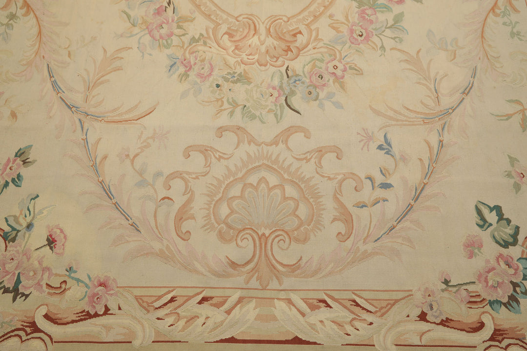 8x10 Ivory, Tan, Rose Color Hand Woven French Aubusson Wool Traditional Oriental Rug