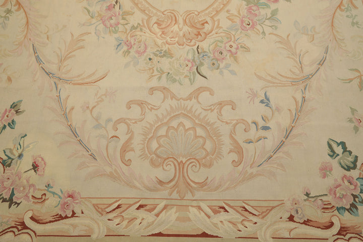 8x10 Ivory, Tan, Rose Color Hand Woven French Aubusson Wool Traditional Oriental Rug