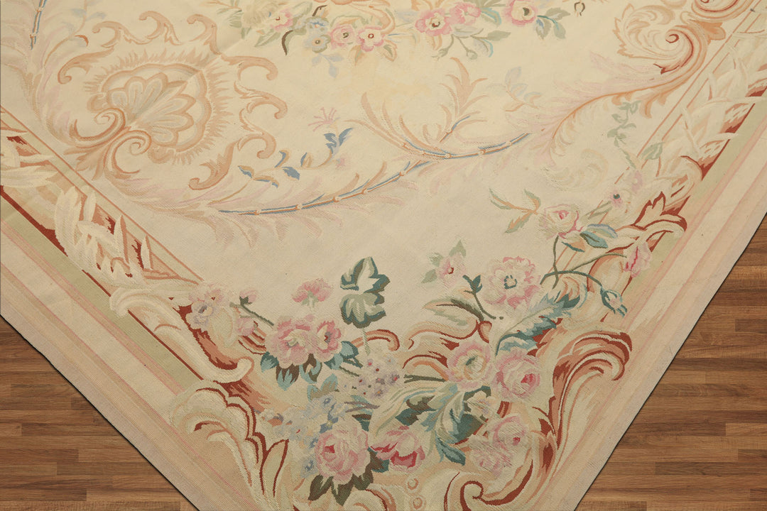 8x10 Ivory, Tan, Rose Color Hand Woven French Aubusson Wool Traditional Oriental Rug