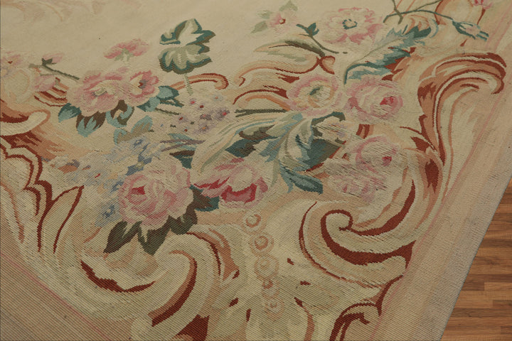 8x10 Ivory, Tan, Rose Color Hand Woven French Aubusson Wool Traditional Oriental Rug