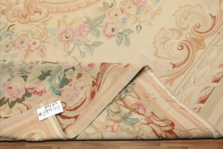 8x10 Ivory, Tan, Rose Color Hand Woven French Aubusson Wool Traditional Oriental Rug