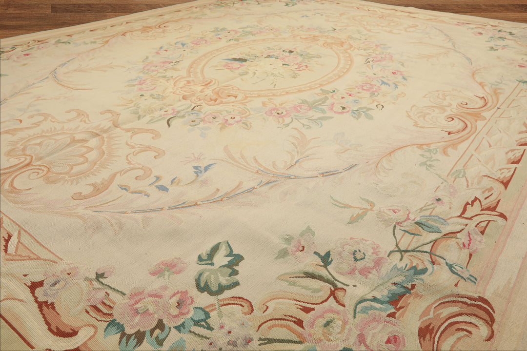 8x10 Ivory, Tan, Rose Color Hand Woven French Aubusson Wool Traditional Oriental Rug