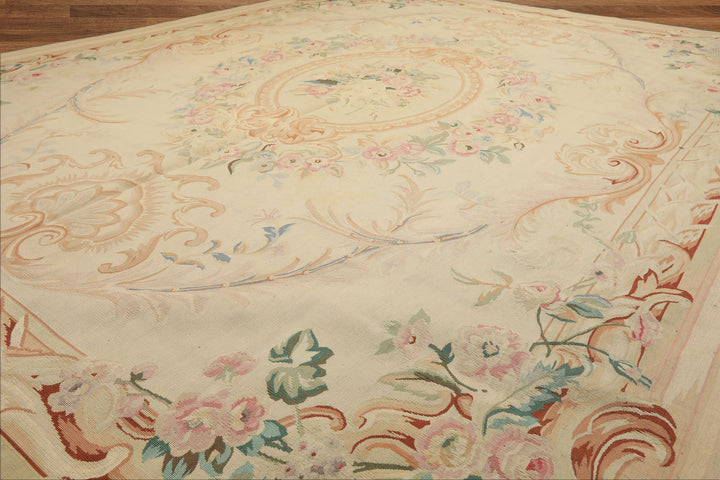 8x10 Ivory, Tan, Rose Color Hand Woven French Aubusson Wool Traditional Oriental Rug