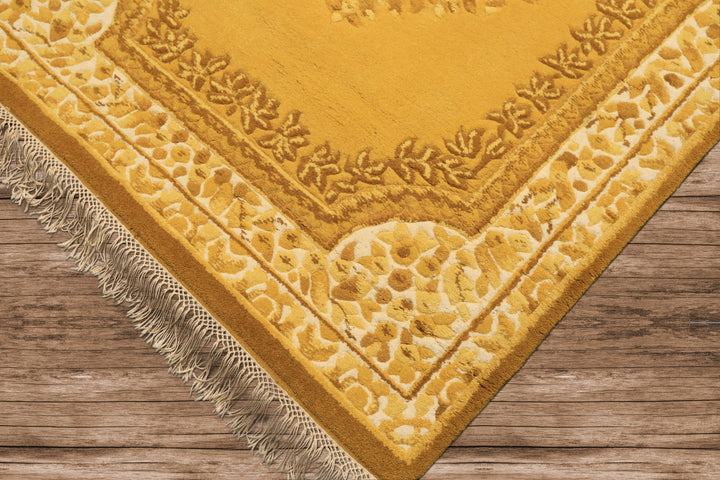4x6 Gold, Cream, Mustard Color Hand Knotted French Aubusson Savonnerie Wool Traditional Oriental Rug