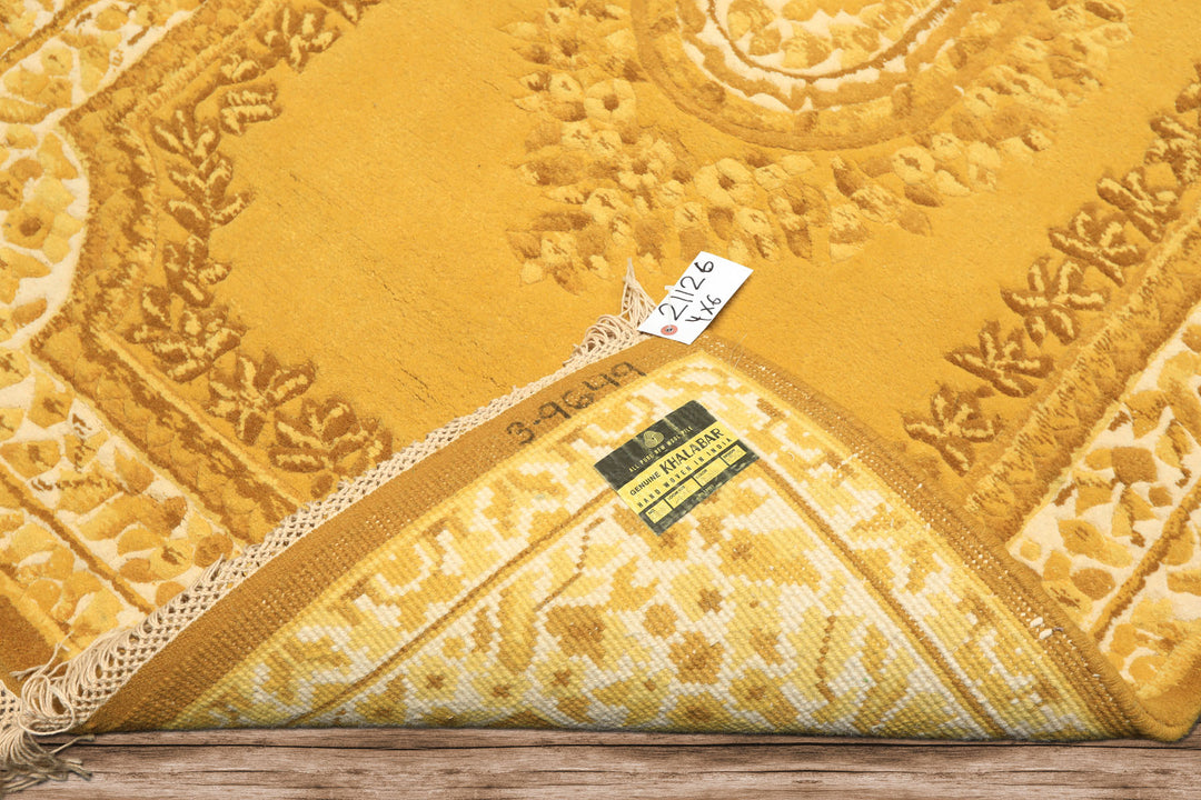 4x6 Gold, Cream, Mustard Color Hand Knotted French Aubusson Savonnerie Wool Traditional Oriental Rug