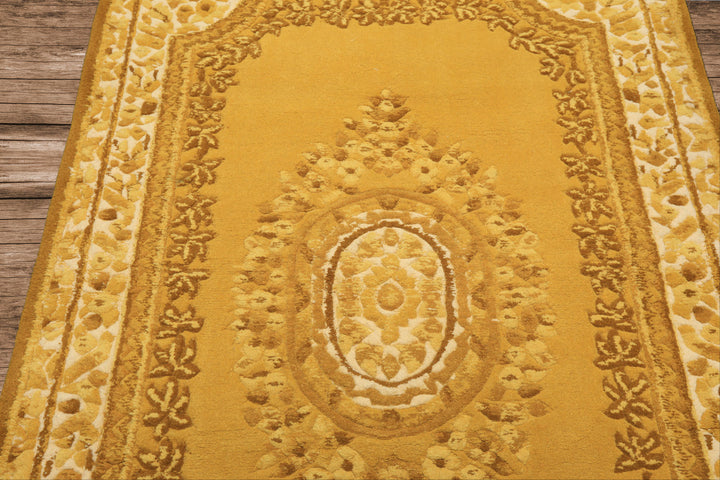4x6 Gold, Cream, Mustard Color Hand Knotted French Aubusson Savonnerie Wool Traditional Oriental Rug