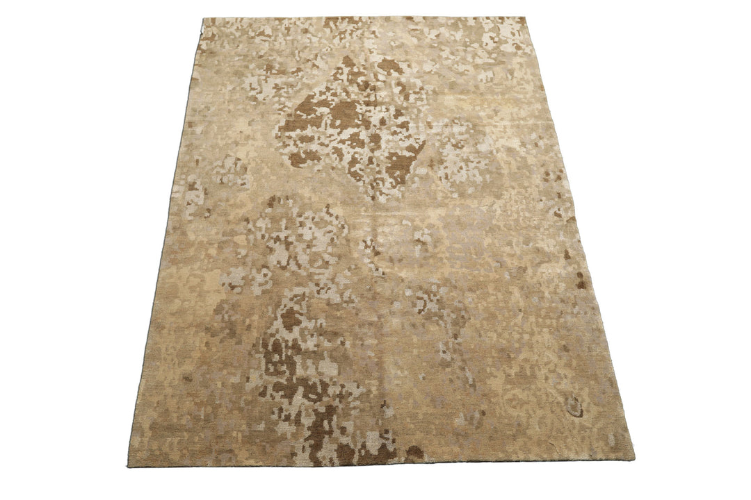 6x9 Beige, Brown, Gray Color Hand Knotted Tibetan Wool & Silk Modern & Contemporary Oriental Rug