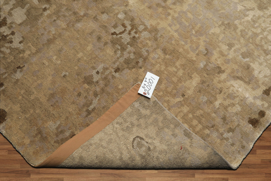 6x9 Beige, Brown, Gray Color Hand Knotted Tibetan Wool & Silk Modern & Contemporary Oriental Rug