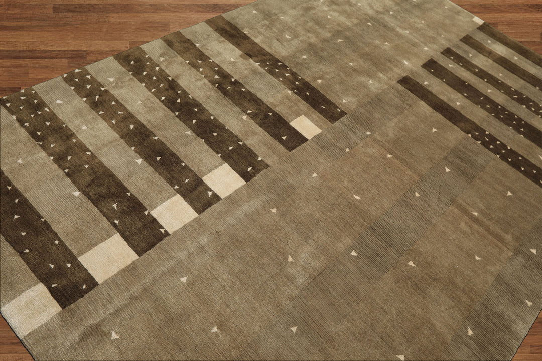 Multi Size Moss Gray Brown Color Hand Knotted Tibetan Wool & Silk Modern & Contemporary Oriental Rug