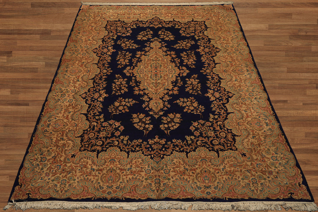 9x12 Navy, Gold, Turquoise Color Hand Knotted Kerman Wool Traditional Oriental Rug