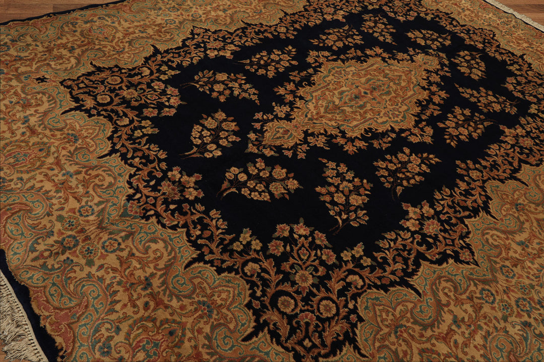 9x12 Navy, Gold, Turquoise Color Hand Knotted Kerman Wool Traditional Oriental Rug