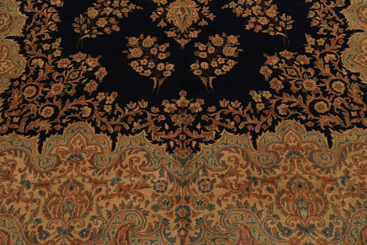 9x12 Navy, Gold, Turquoise Color Hand Knotted Kerman Wool Traditional Oriental Rug