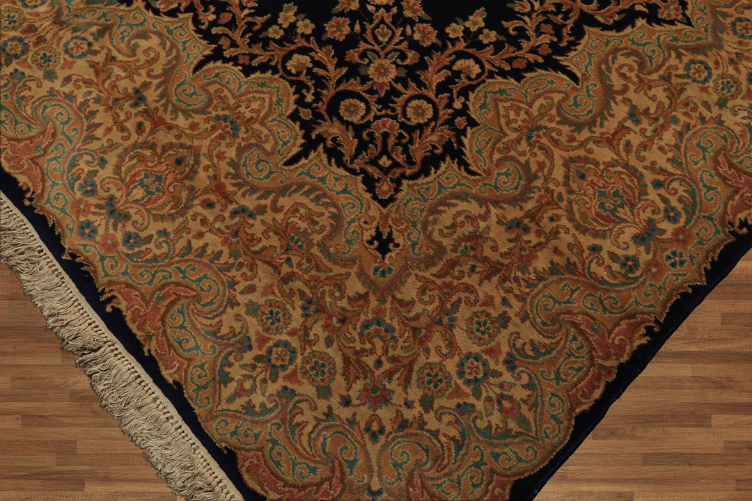 9x12 Navy, Gold, Turquoise Color Hand Knotted Kerman Wool Traditional Oriental Rug