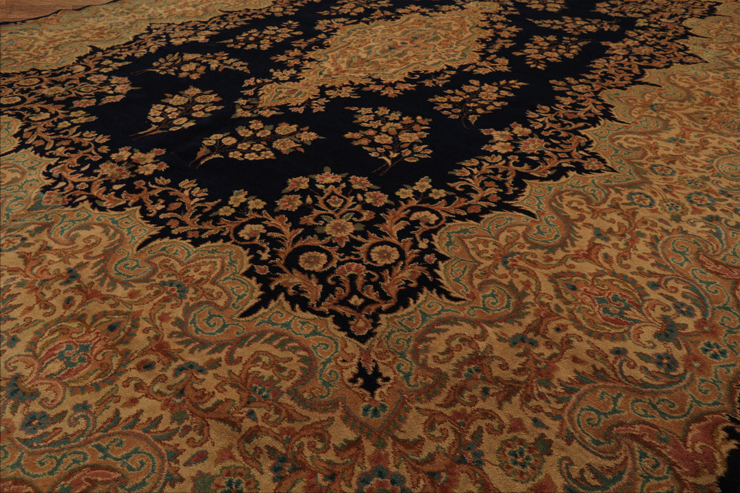 9x12 Navy, Gold, Turquoise Color Hand Knotted Kerman Wool Traditional Oriental Rug