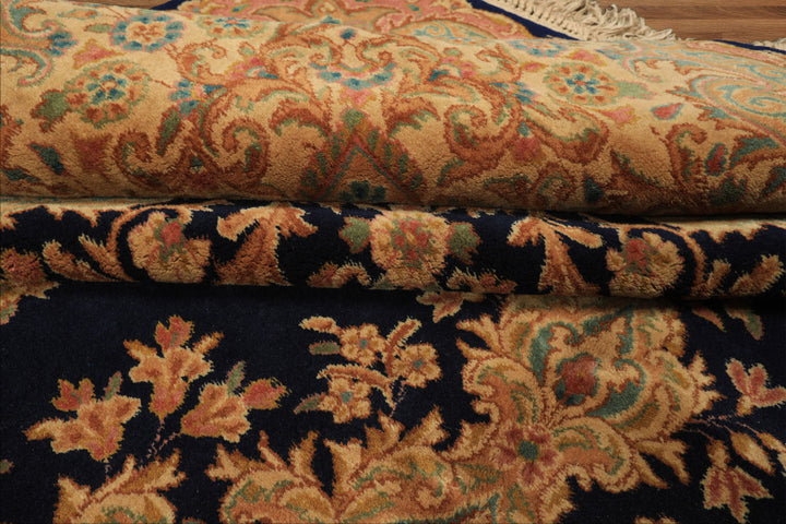 9x12 Navy, Gold, Turquoise Color Hand Knotted Kerman Wool Traditional Oriental Rug