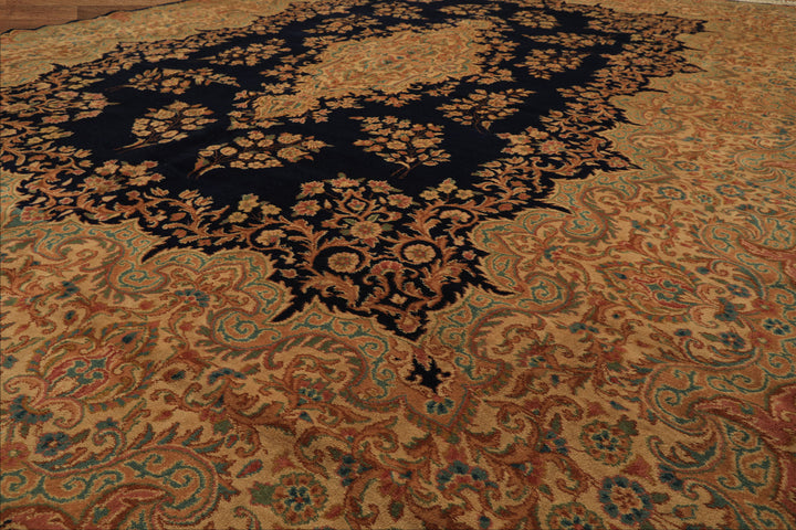 9x12 Navy, Gold, Turquoise Color Hand Knotted Kerman Wool Traditional Oriental Rug