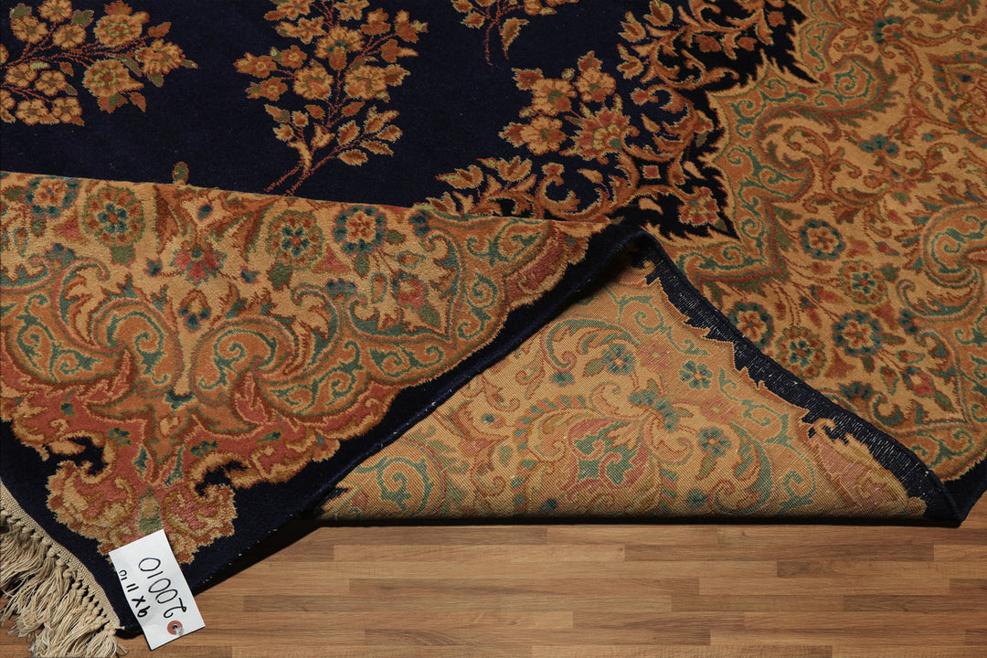9x12 Navy, Gold, Turquoise Color Hand Knotted Kerman Wool Traditional Oriental Rug