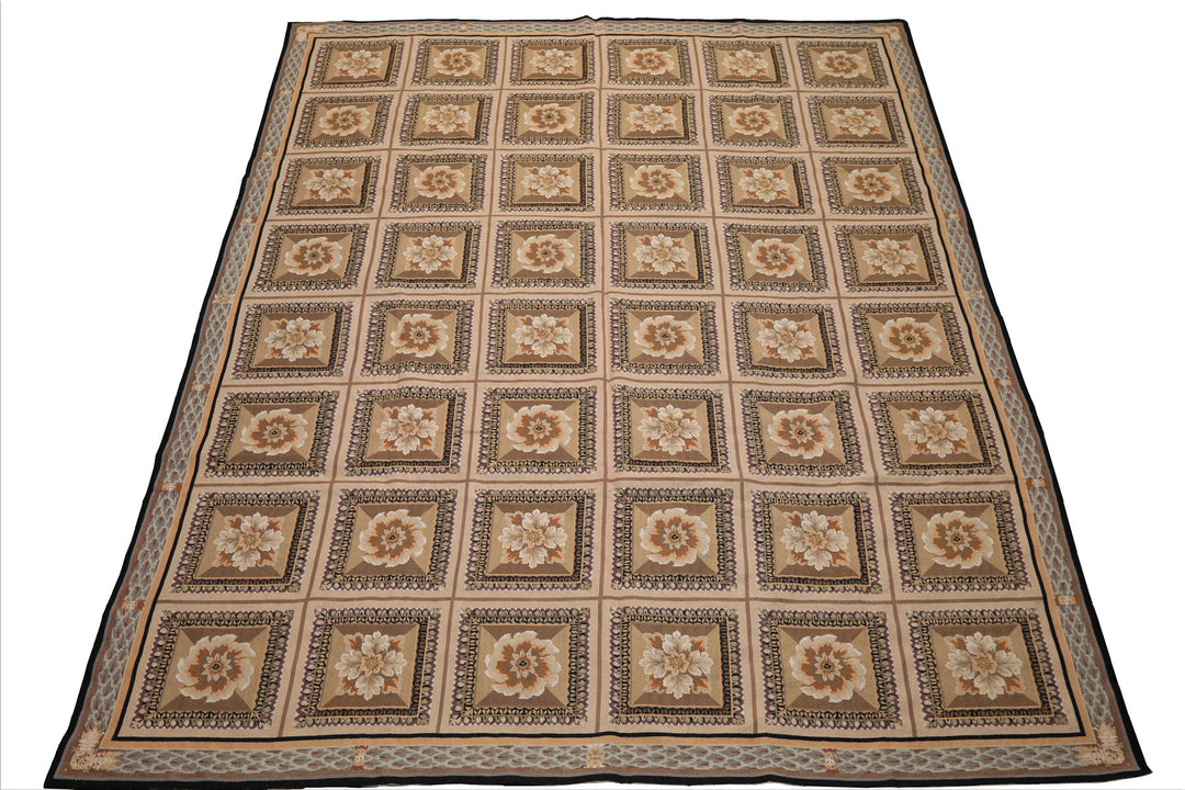 8x10 Beige, Ivory, Green Color Hand Woven French Aubusson Needlepoint wool Traditional Oriental Rug