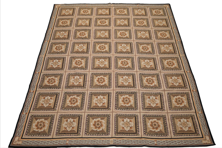 8x10 Beige, Ivory, Green Color Hand Woven French Aubusson Needlepoint wool Traditional Oriental Rug