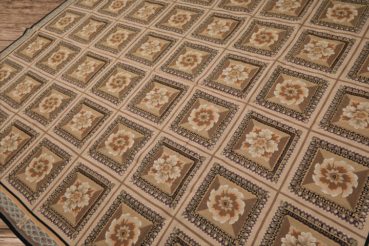 8x10 Beige, Ivory, Green Color Hand Woven French Aubusson Needlepoint wool Traditional Oriental Rug