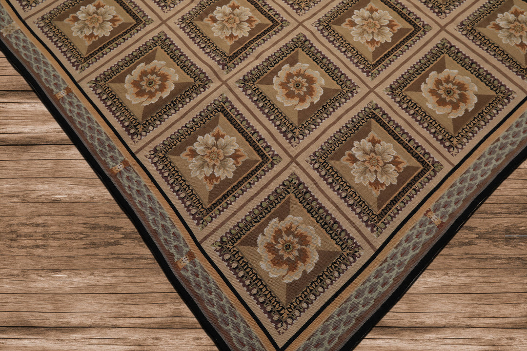 8x10 Beige, Ivory, Green Color Hand Woven French Aubusson Needlepoint wool Traditional Oriental Rug