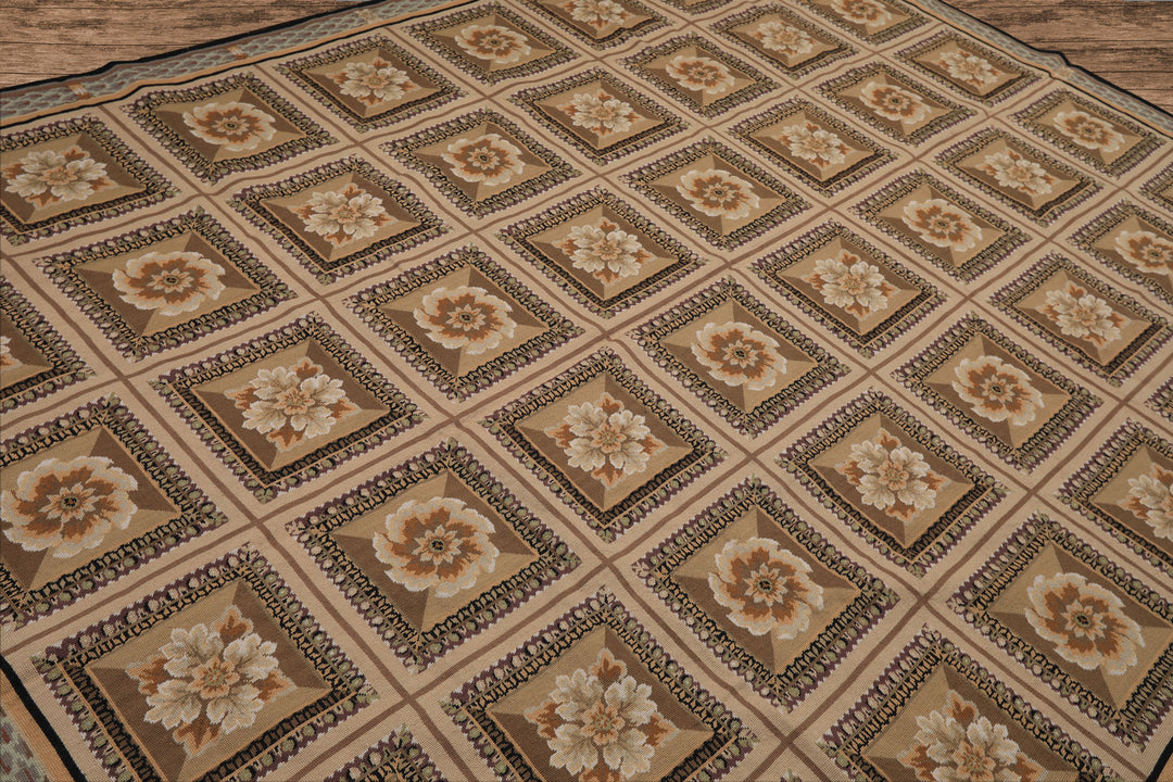 8x10 Beige, Ivory, Green Color Hand Woven French Aubusson Needlepoint wool Traditional Oriental Rug