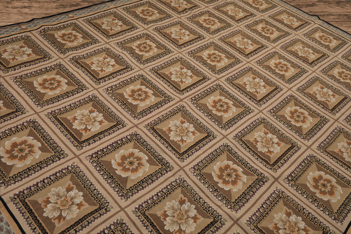 8x10 Beige, Ivory, Green Color Hand Woven French Aubusson Needlepoint wool Traditional Oriental Rug