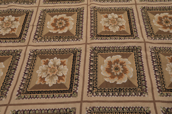8x10 Beige, Ivory, Green Color Hand Woven French Aubusson Needlepoint wool Traditional Oriental Rug