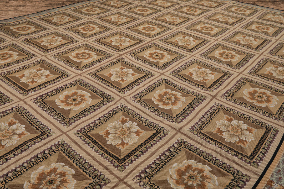 8x10 Beige, Ivory, Green Color Hand Woven French Aubusson Needlepoint wool Traditional Oriental Rug