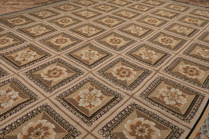 8x10 Beige, Ivory, Green Color Hand Woven French Aubusson Needlepoint wool Traditional Oriental Rug