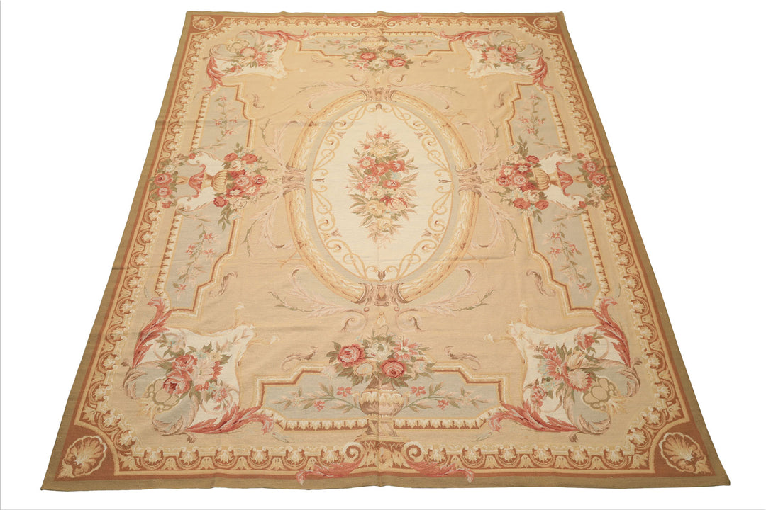 8x10 Tan, Ivory, Green Color Hand Woven French Aubusson Needlepoint Wool Traditional Oriental Rug
