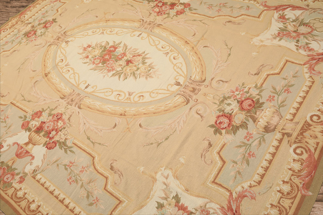 8x10 Tan, Ivory, Green Color Hand Woven French Aubusson Needlepoint Wool Traditional Oriental Rug