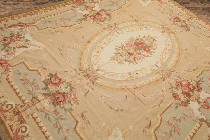 8x10 Tan, Ivory, Green Color Hand Woven French Aubusson Needlepoint Wool Traditional Oriental Rug