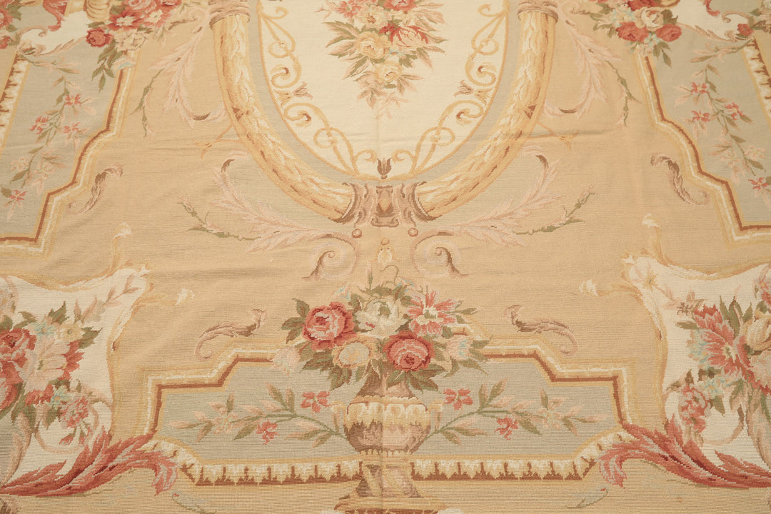 8x10 Tan, Ivory, Green Color Hand Woven French Aubusson Needlepoint Wool Traditional Oriental Rug