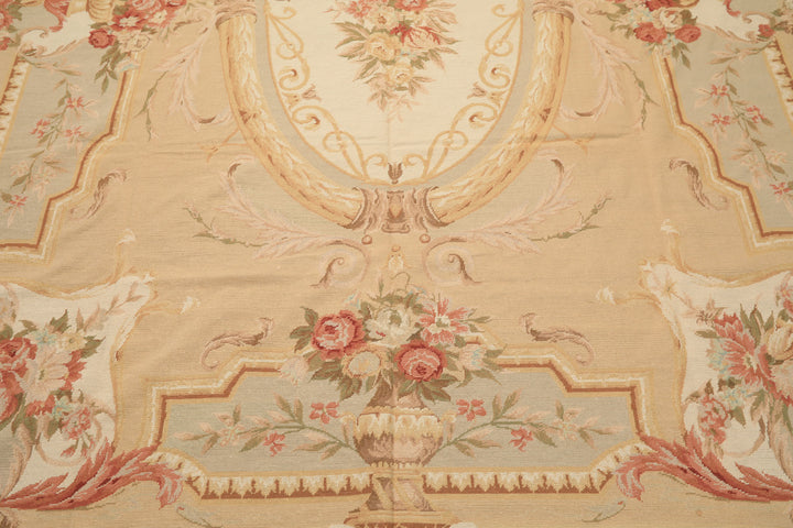 8x10 Tan, Ivory, Green Color Hand Woven French Aubusson Needlepoint Wool Traditional Oriental Rug