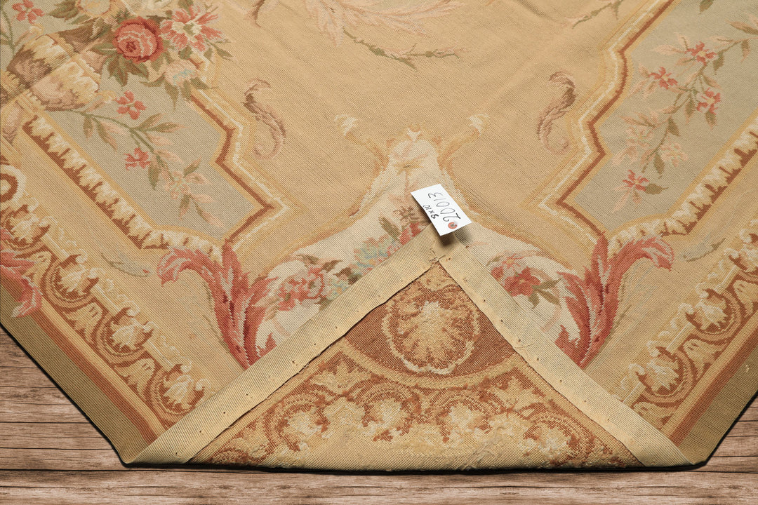 8x10 Tan, Ivory, Green Color Hand Woven French Aubusson Needlepoint Wool Traditional Oriental Rug