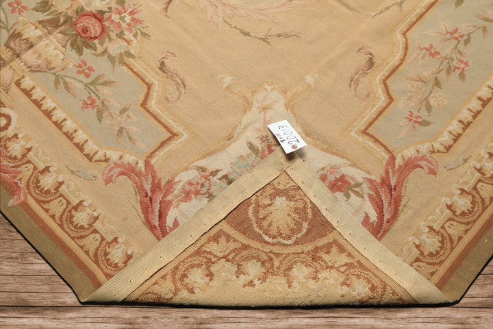 8x10 Tan, Ivory, Green Color Hand Woven French Aubusson Needlepoint Wool Traditional Oriental Rug