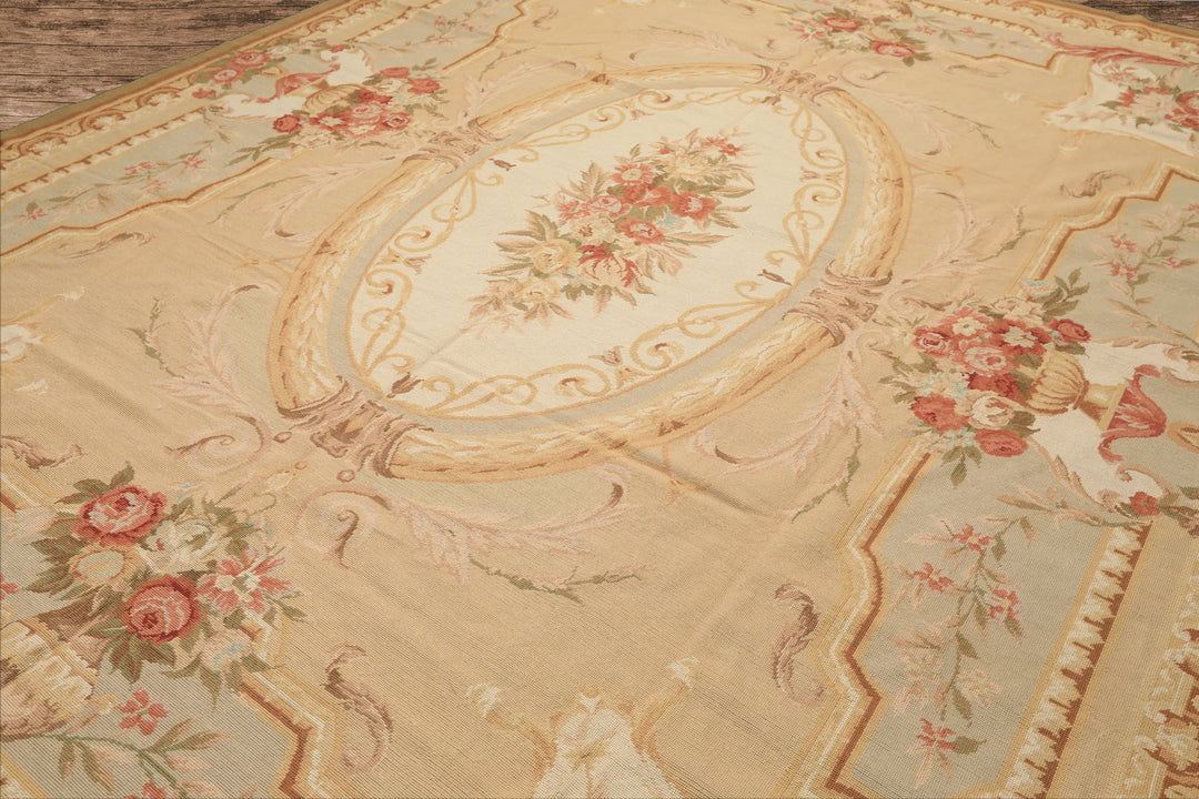 8x10 Tan, Ivory, Green Color Hand Woven French Aubusson Needlepoint Wool Traditional Oriental Rug