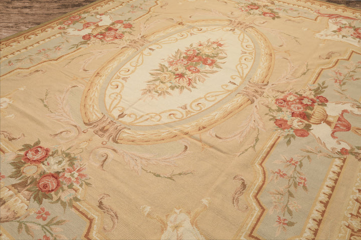 8x10 Tan, Ivory, Green Color Hand Woven French Aubusson Needlepoint Wool Traditional Oriental Rug