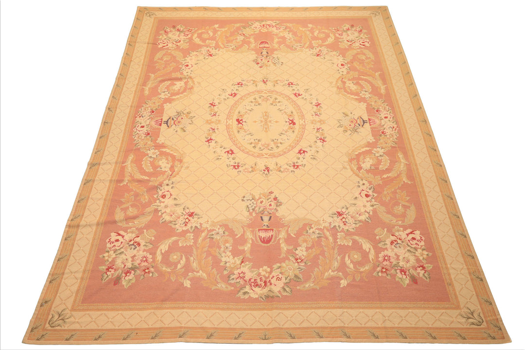 8x10 Light Gold, Blush, Rust Color Hand Woven French Aubusson Needlepoint Wool Traditional Oriental Rug