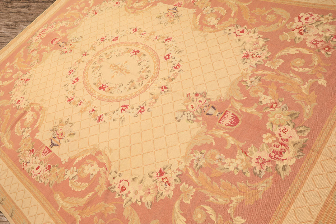 8x10 Light Gold, Blush, Rust Color Hand Woven French Aubusson Needlepoint Wool Traditional Oriental Rug