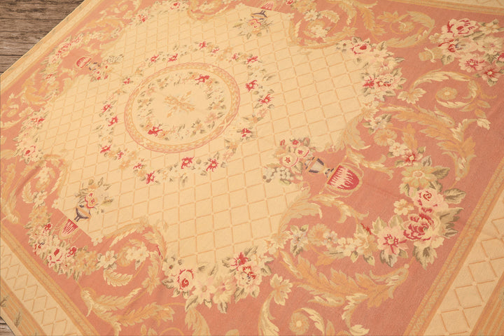 8x10 Light Gold, Blush, Rust Color Hand Woven French Aubusson Needlepoint Wool Traditional Oriental Rug