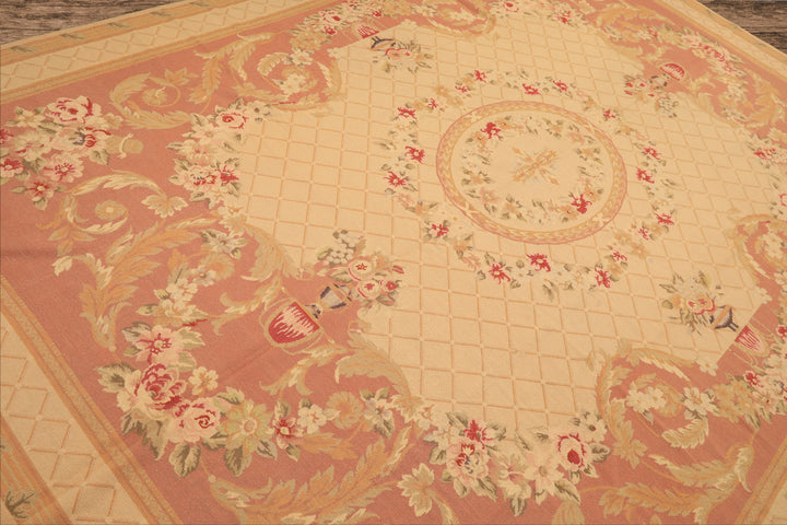 8x10 Light Gold, Blush, Rust Color Hand Woven French Aubusson Needlepoint Wool Traditional Oriental Rug
