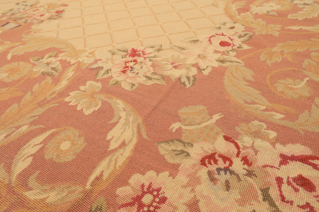 8x10 Light Gold, Blush, Rust Color Hand Woven French Aubusson Needlepoint Wool Traditional Oriental Rug