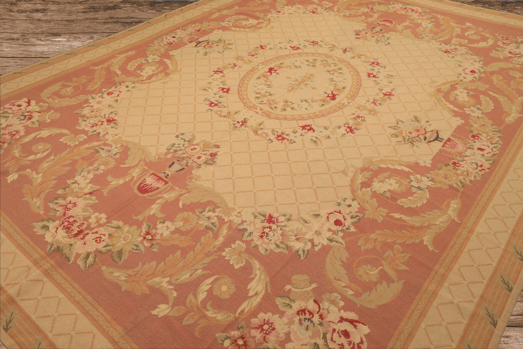 8x10 Light Gold, Blush, Rust Color Hand Woven French Aubusson Needlepoint Wool Traditional Oriental Rug