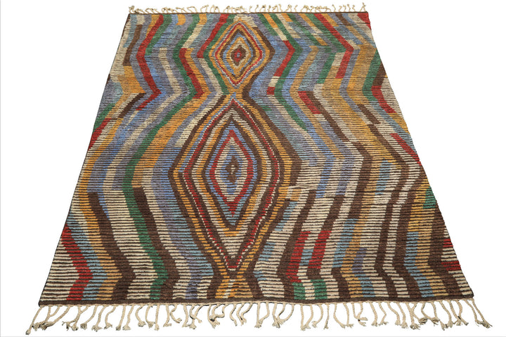 8x10 Ivory, Gold, Brown Color Hand Knotted Moroccan Wool Modern & Contemporary Oriental Rug