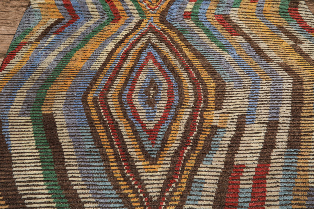 8x10 Ivory, Gold, Brown Color Hand Knotted Moroccan Wool Modern & Contemporary Oriental Rug